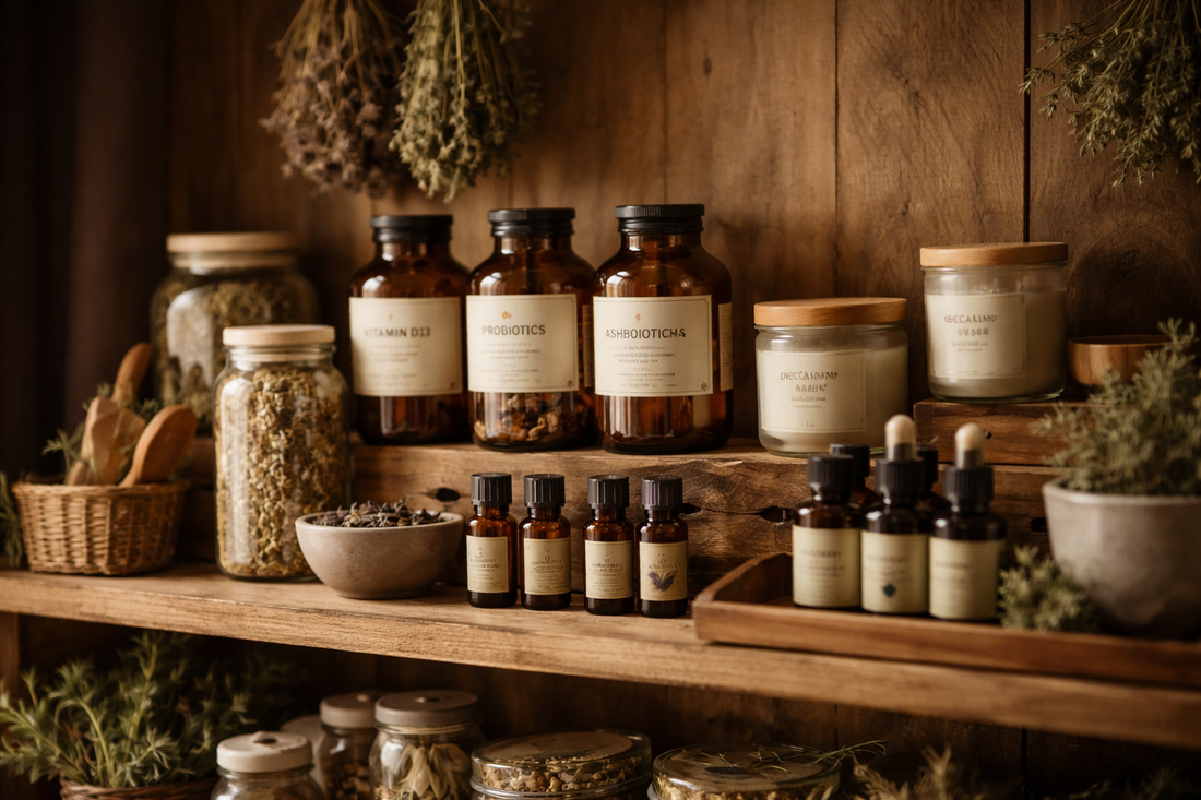 Apothecary shelf with herbs, jars, and labeled bottles at Healthy Living