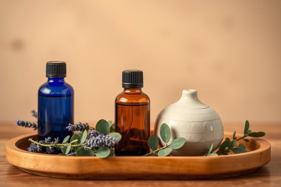 Cobalt blue and amber essential oil bottles on a wooden tray surrounded by lavender sprigs, eucalyptus, and dried flowers