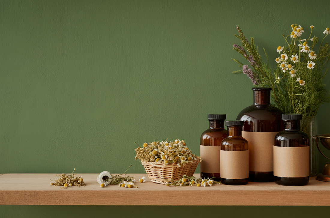 Amber apothecary bottles with kraft labels on wooden shelf, brand-aligned editorial shot