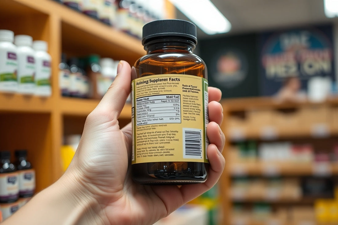 Hand holding a Genesis by Healthy Living supplement bottle inside the Montgomery store with shelves of wellness products behind