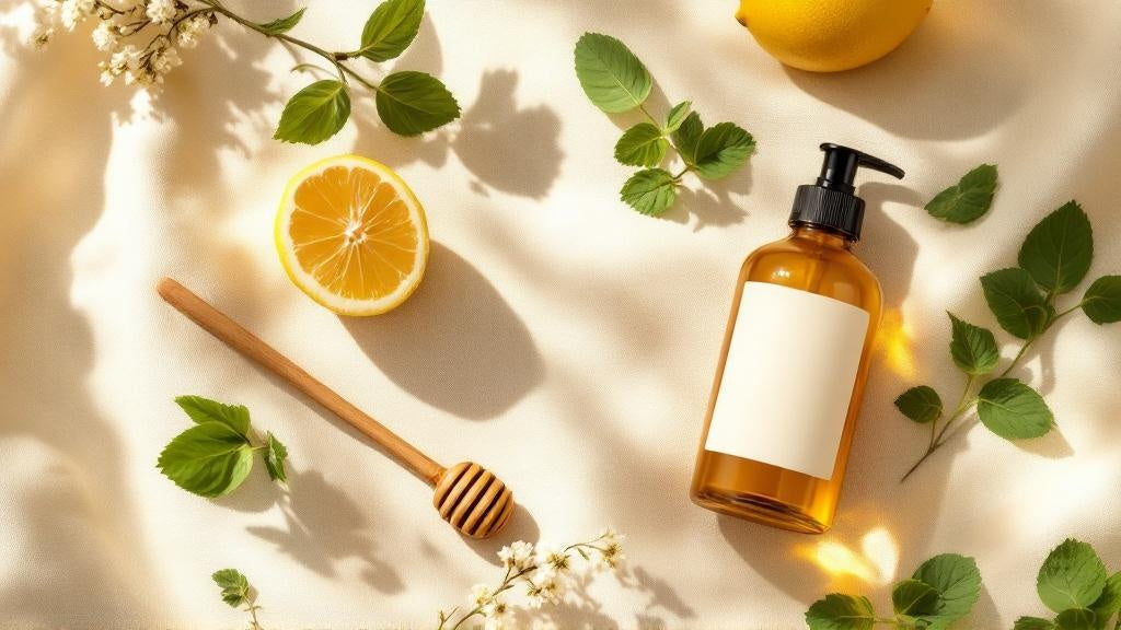 Spring wellness flat lay with lemon, honey, mint, elderflower, and amber bottle