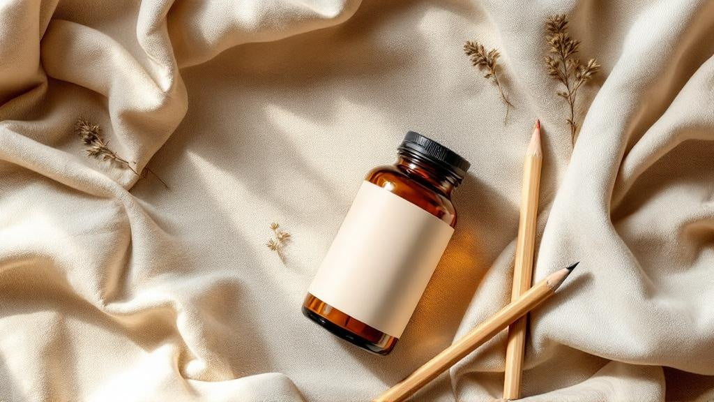 Amber supplement bottle with wooden pencils and dried herbs on cream linen