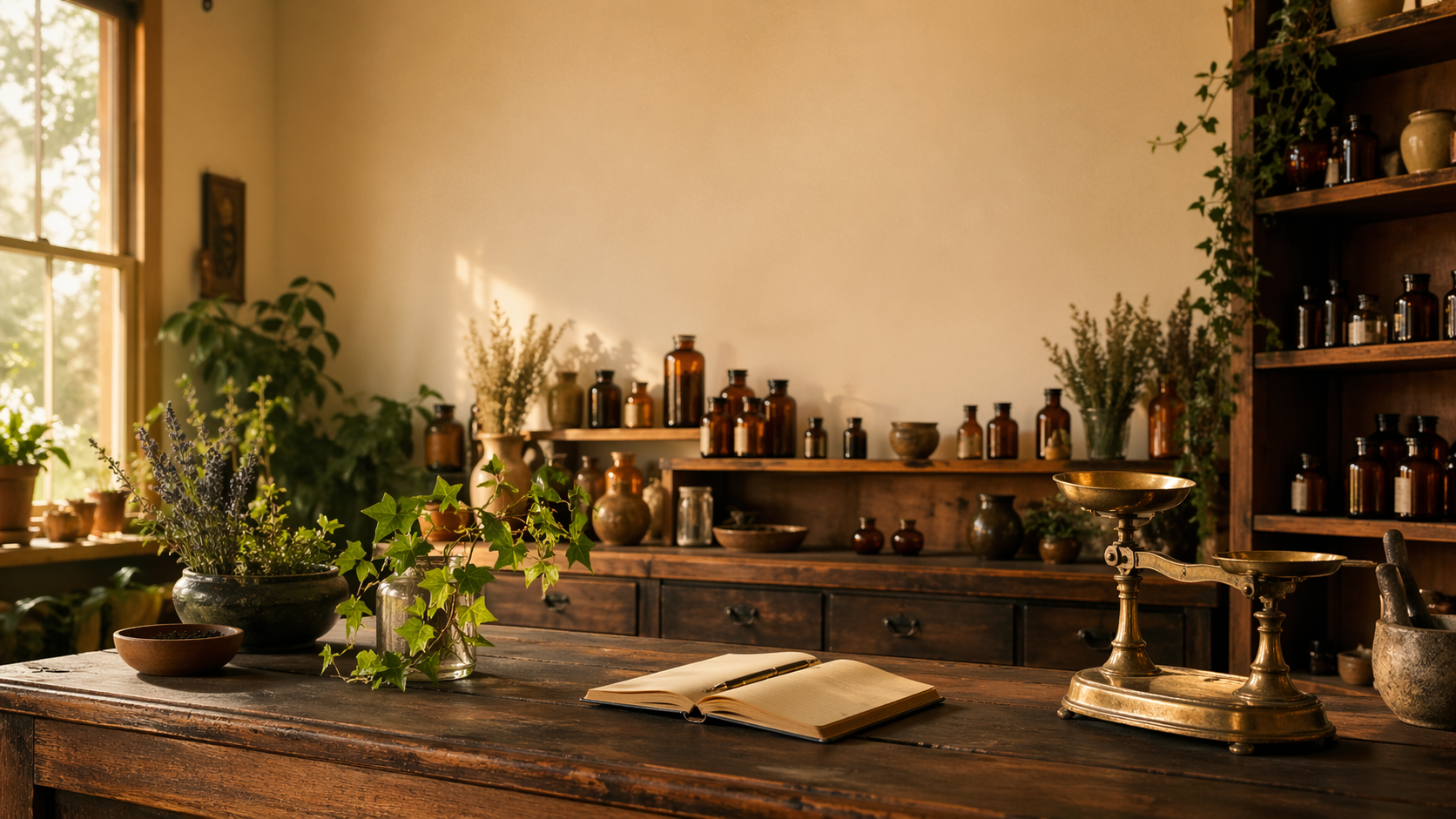 Vintage-style room with wooden desk, shelves filled with bottles and plants, and a window on the left.