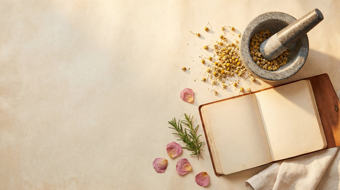 Our story — mortar and pestle, journal, dried herbs on parchment