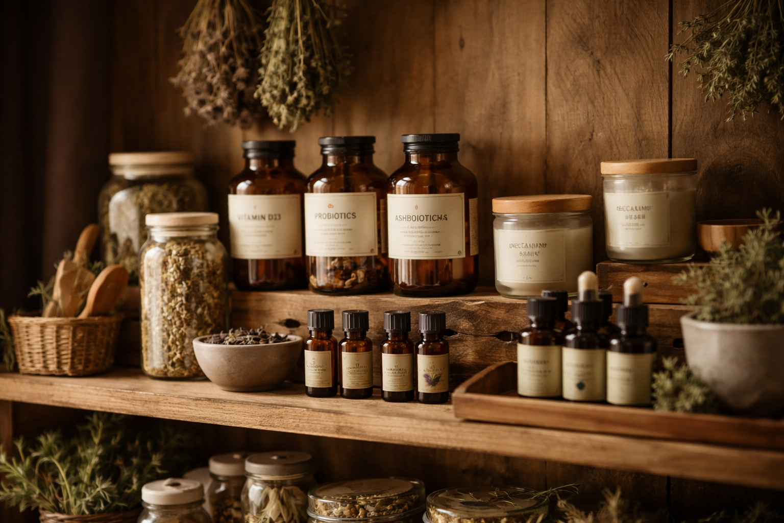 Wooden shelf with various bottles, jars, and herbs on a wooden background